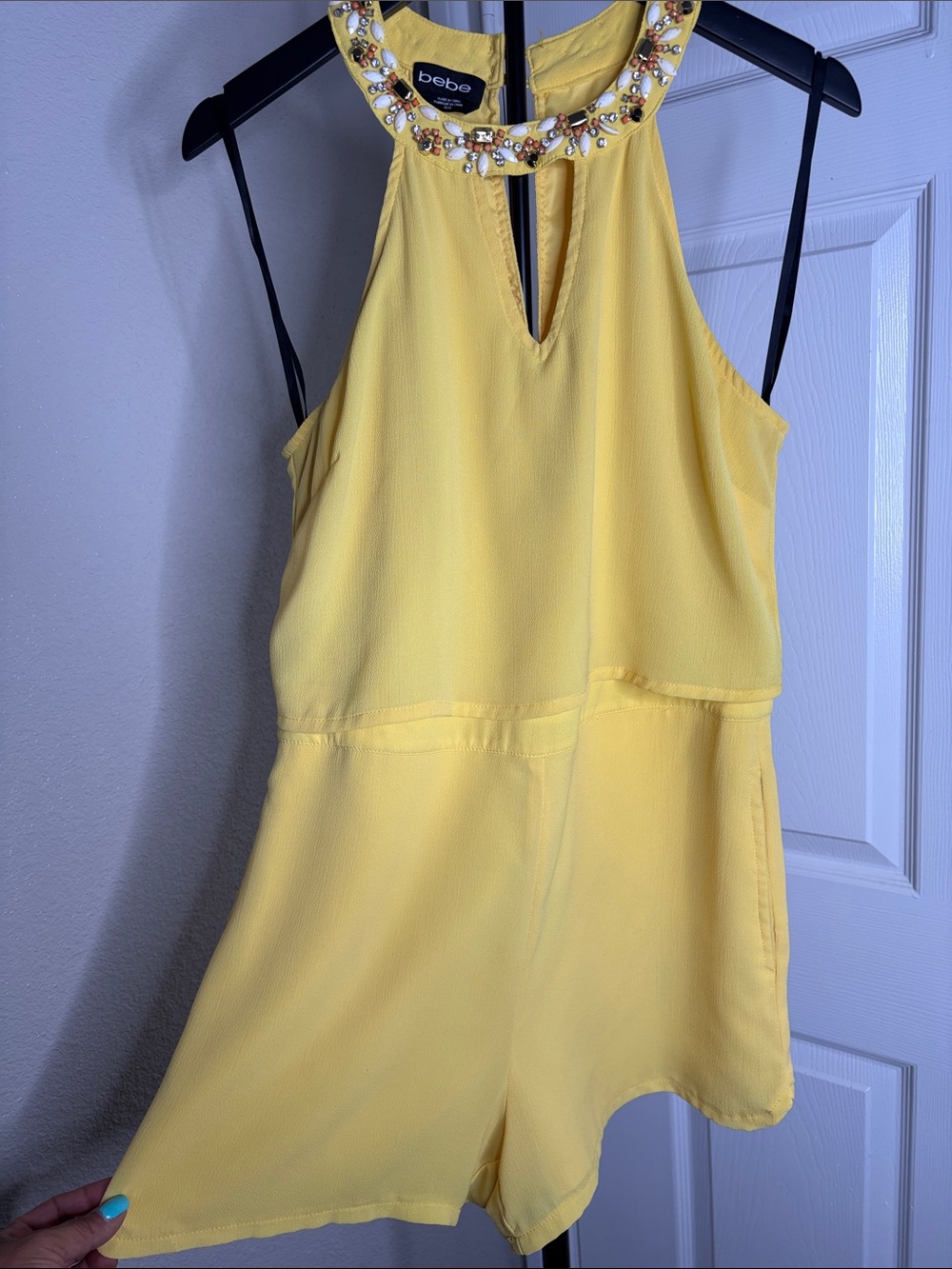 bebe Yellow Jeweled Halter Romper